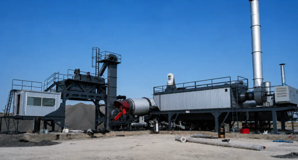 Industrial processing plant with large metal equipment, ducts, and a tall exhaust stack against a clear blue sky.