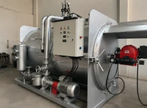 Thermal oil boiler with burner, pump group, and automation control panel