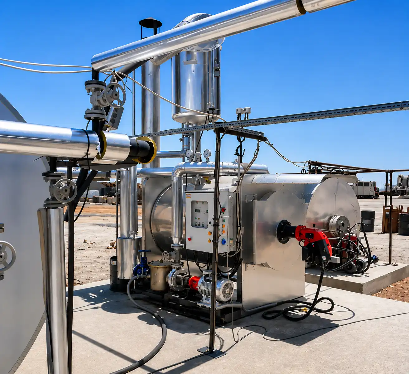 Industrial hot oil boiler piping system for thermal fluid heating applications